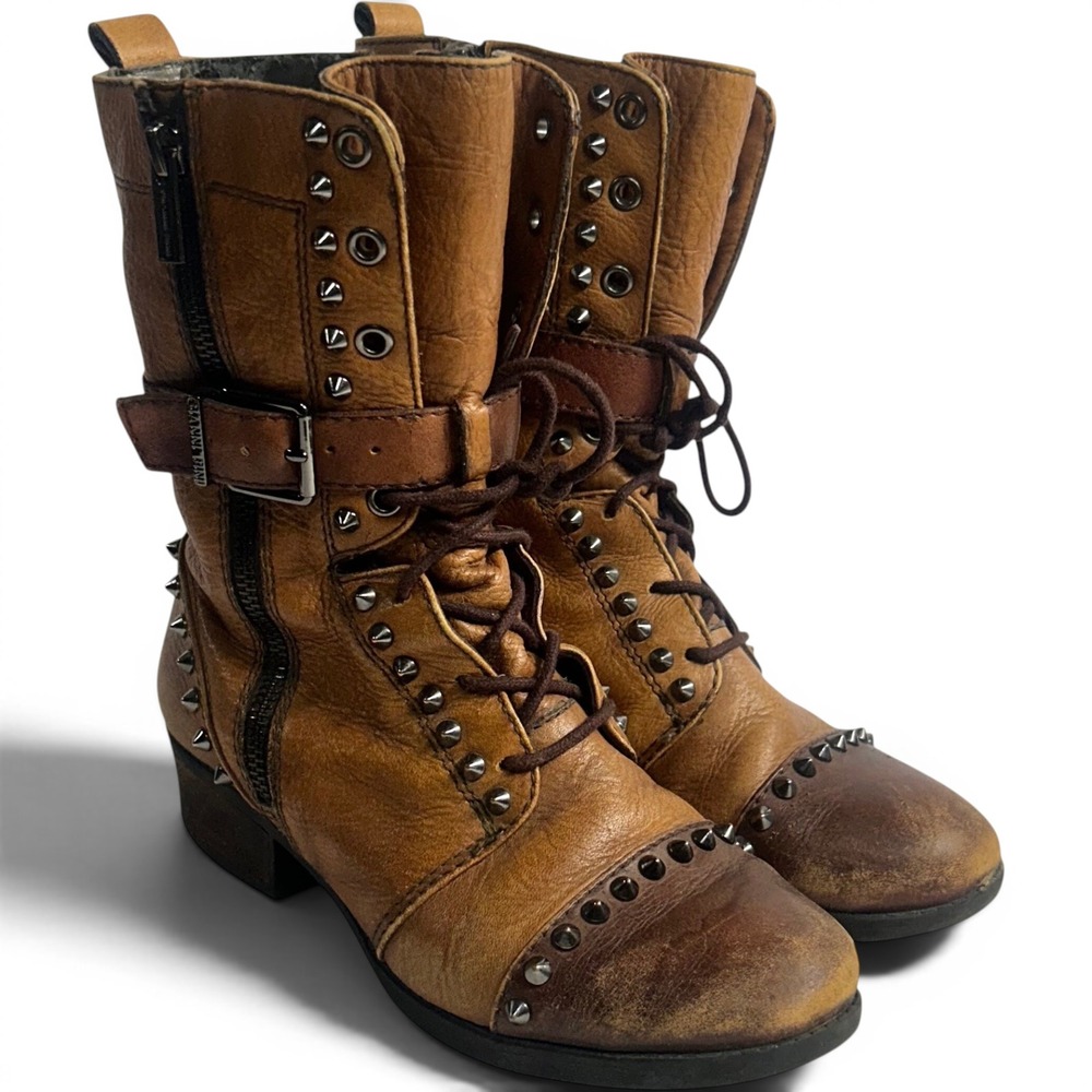 Gianni Bini Combat Boots Tan Women 7M Studded Moto Distressed Grunge